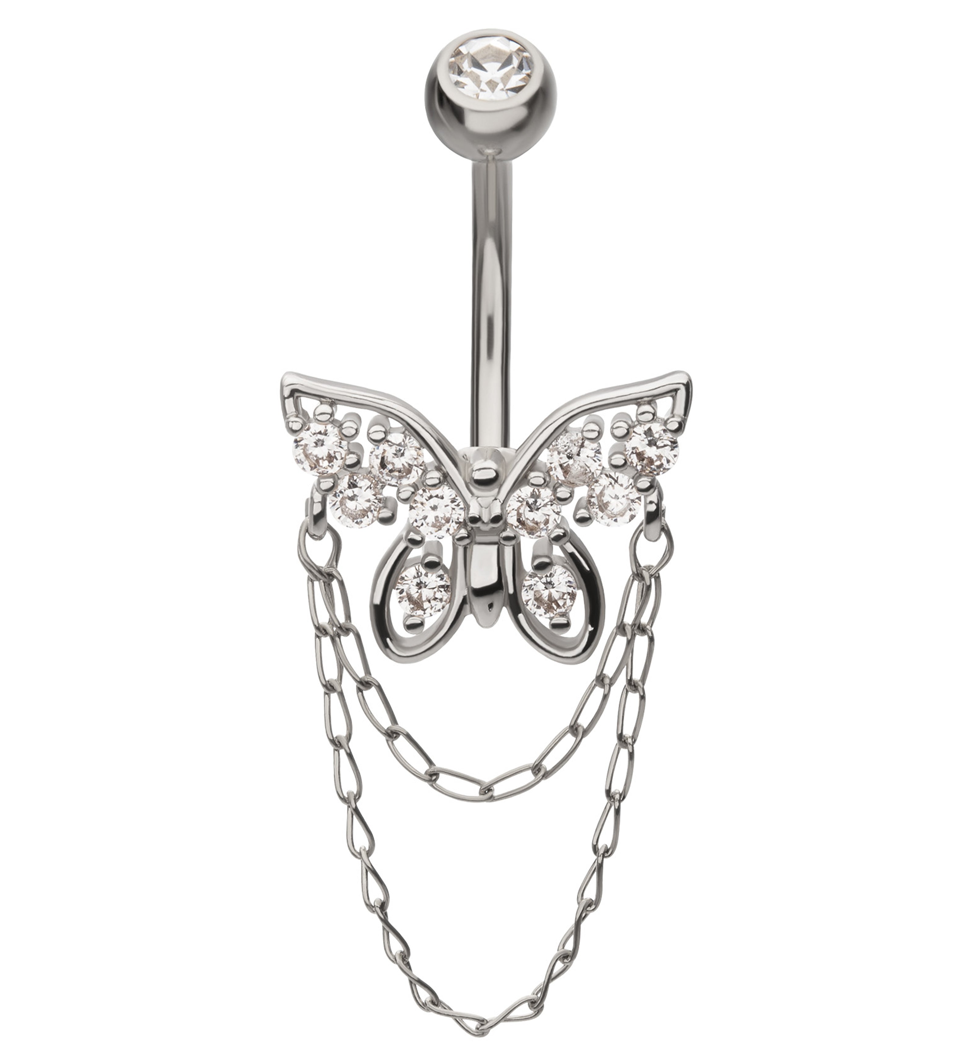 Butterfly Double Chain Clear Cz Dangle Stainless Steel Belly Button Ri 2845