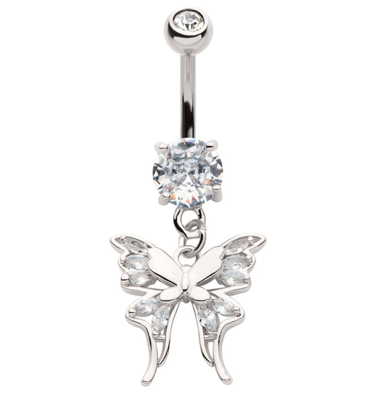 Opulent Butterfly Clear Cz Dangle Stainless Steel Belly Button Ring 8300