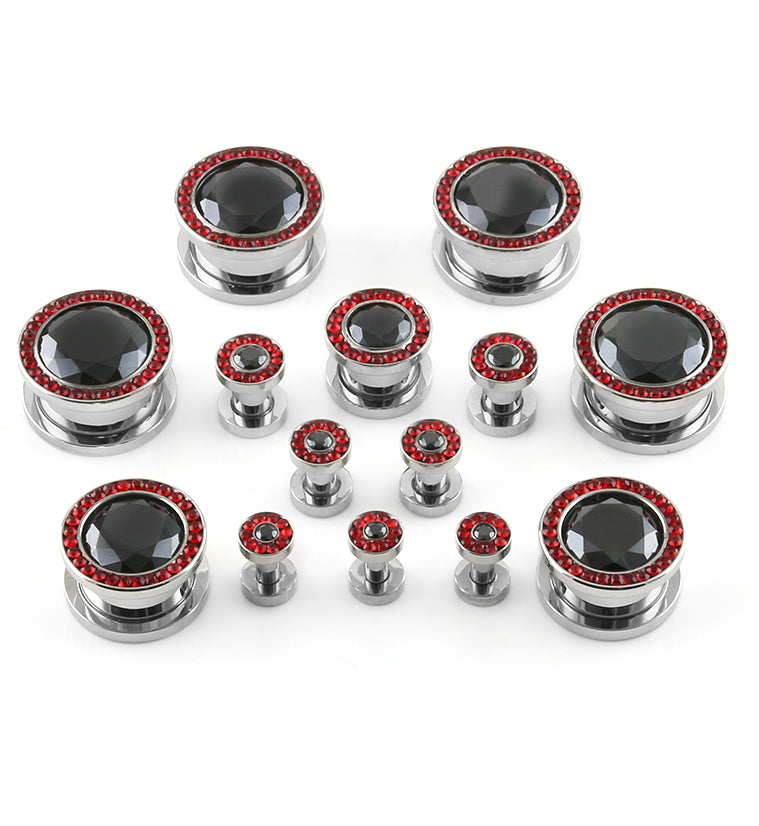 Black & Red CZ Diamond Stainless Steel Plugs (8G - 5/8
