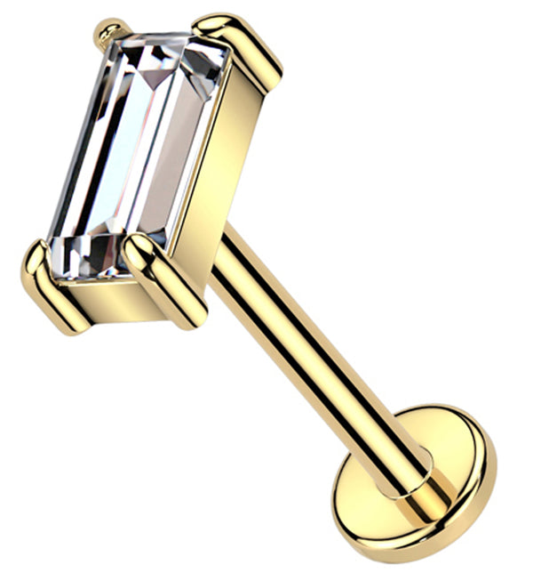 14kt Gold Baguette Clear CZ Flat Disk Threadless Labret