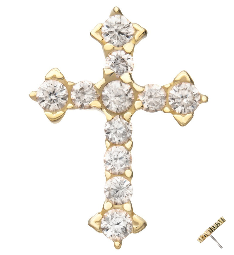 14kt Gold Baroque Cross Clear CZ Threadless Top