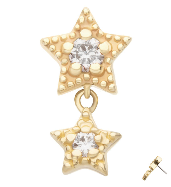 14kt Gold Beaded Double Star Dangle Clear CZ Threadless Top