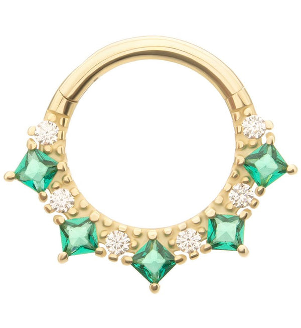 14kt Gold Beaded Princess Emerald CZ Hinged Segment Ring