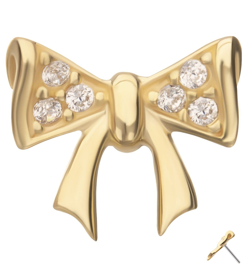 14kt Gold Bow Pave Clear CZ Threadless Top