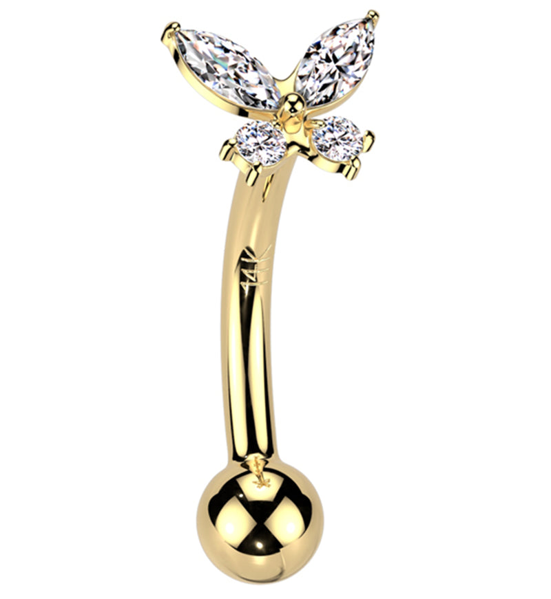 14kt Gold Butterfly Clear CZ Threadless Curved Barbell
