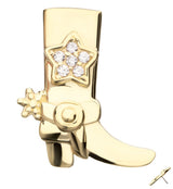 14kt Gold Cowboy Boot With Spur Star Clear CZ Threadless Top