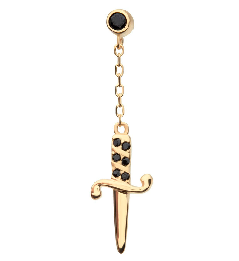 14kt Gold Dagger Dangle Black CZ Threadless Top