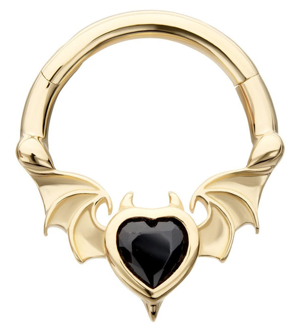 14kt Gold Devilish Bat Wings Black Heart CZ Hinged Segment Ring