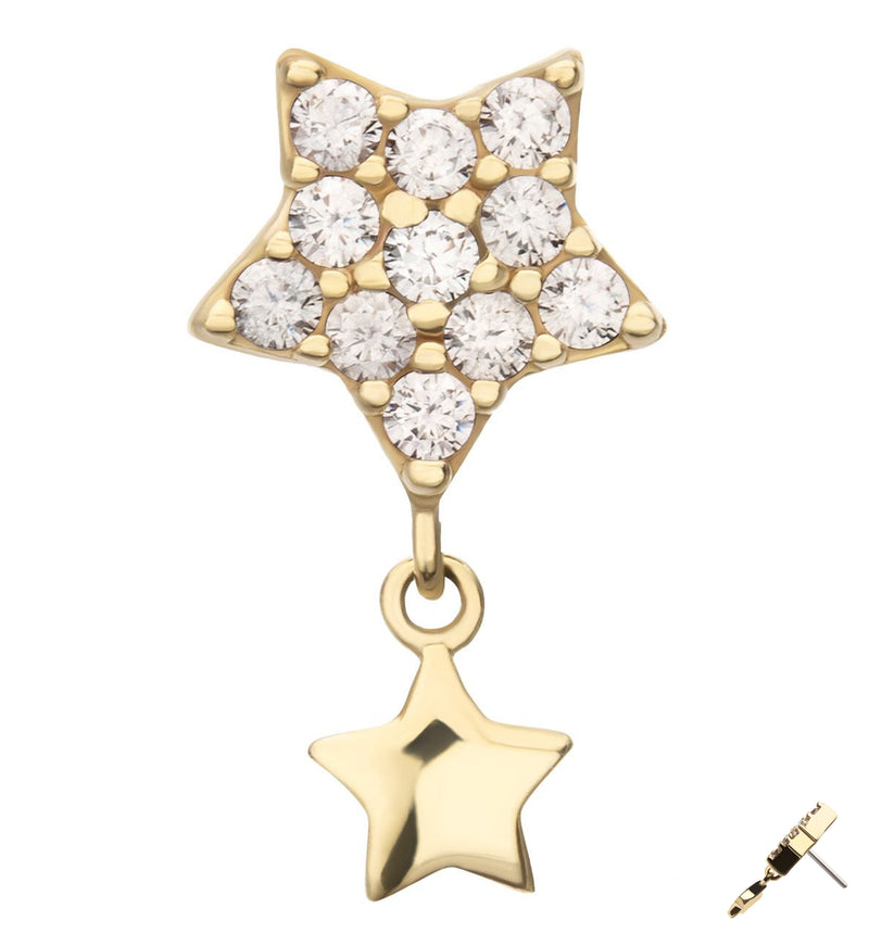 14kt Gold Double Dangle Star Clear CZ Threadless Top