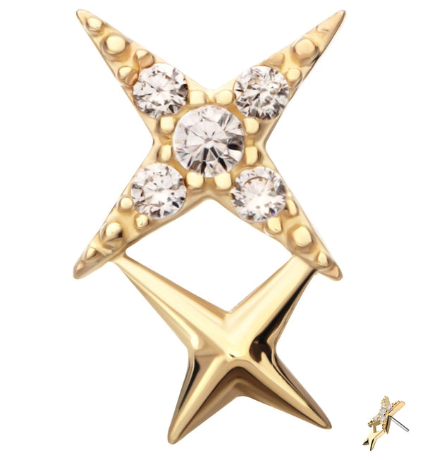 14kt Gold Double Four Point Star Clear CZ Threadless Top