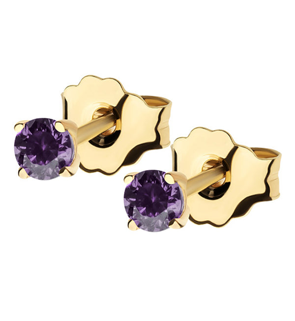 14kt Gold February Birthstone Amethyst CZ Stud Earrings