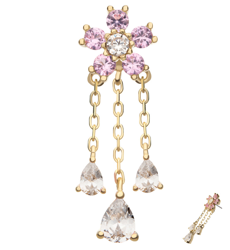 14kt Gold Floral Blossom Beaded Pink And Clear CZ Dangle Threadless Top