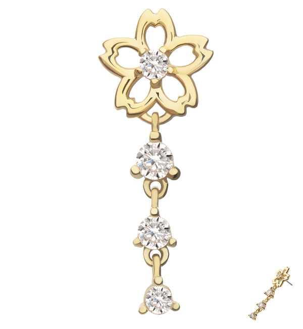 14kt Gold Floral Cutout Blossom Triple Clear CZ Dangle Threadless Top