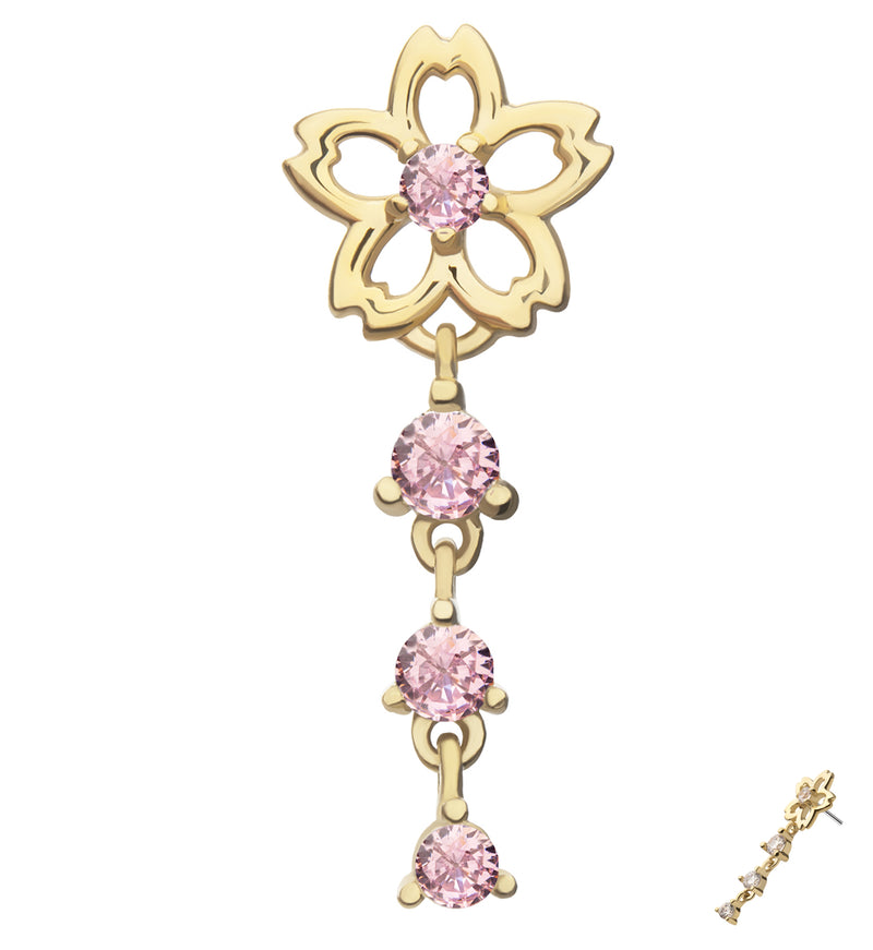 14kt Gold Floral Cutout Blossom Triple Pink CZ Dangle Threadless Top