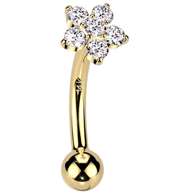 14kt Gold Flower Clear CZ Threadless Curved Barbell