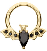 14kt Gold Flying Bat Black CZ Hinged Segment Ring