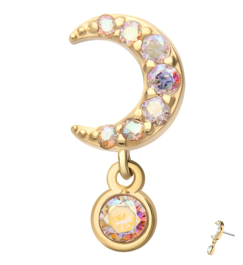 14kt Gold Half Moon Rainbow Aurora CZ Dangle Threadless Top