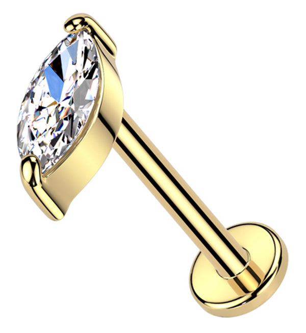 14kt Gold Marquise Clear CZ Flat Disk Threadless Labret