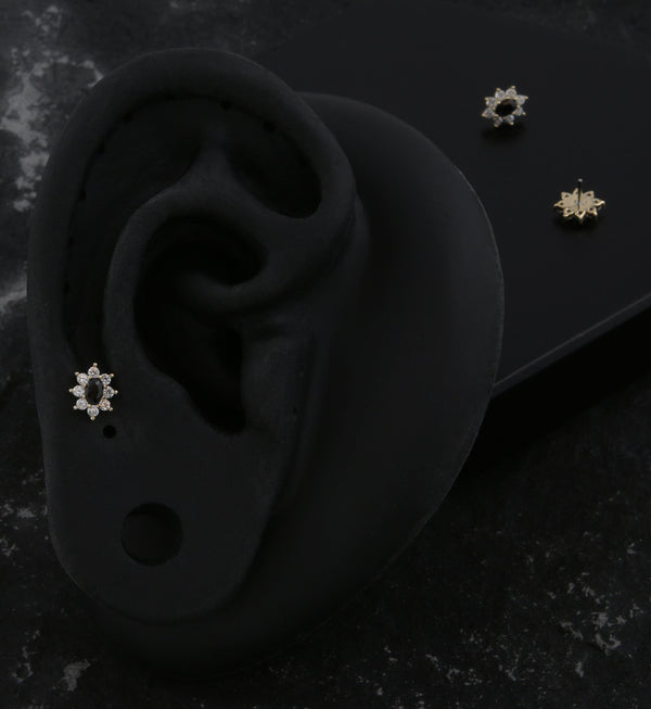 14kt Gold Oval Flower Black CZ Threadless Top