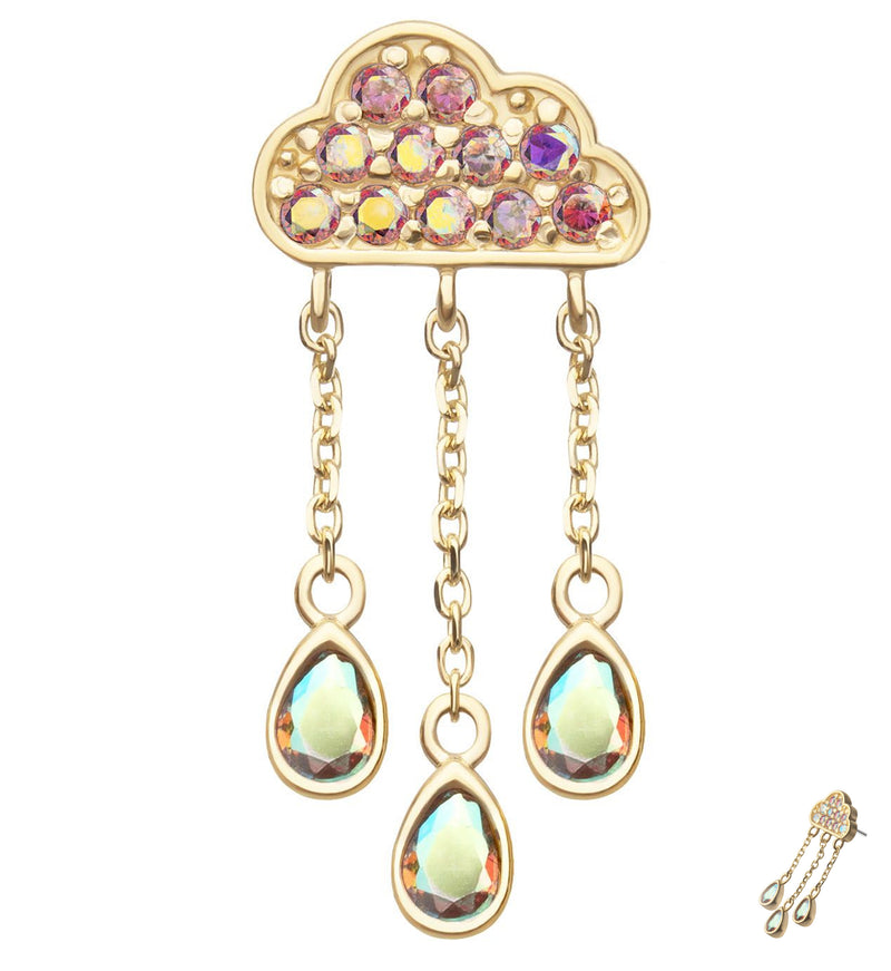 14kt Gold Rain Cloud Rainbow Aurora Teardrop CZ Dangles Threadless Top