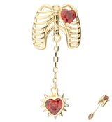 14kt Gold Ribcage Dangle Spike Red CZ Heart Threadless Top