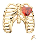 14kt Gold Ribcage Red Heart CZ Threadless Top