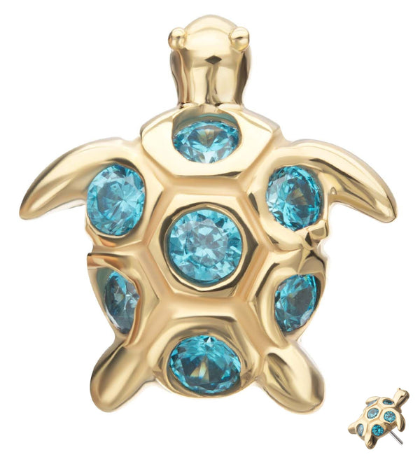 14kt Gold Sea Turtle Aqua CZ Threadless Top