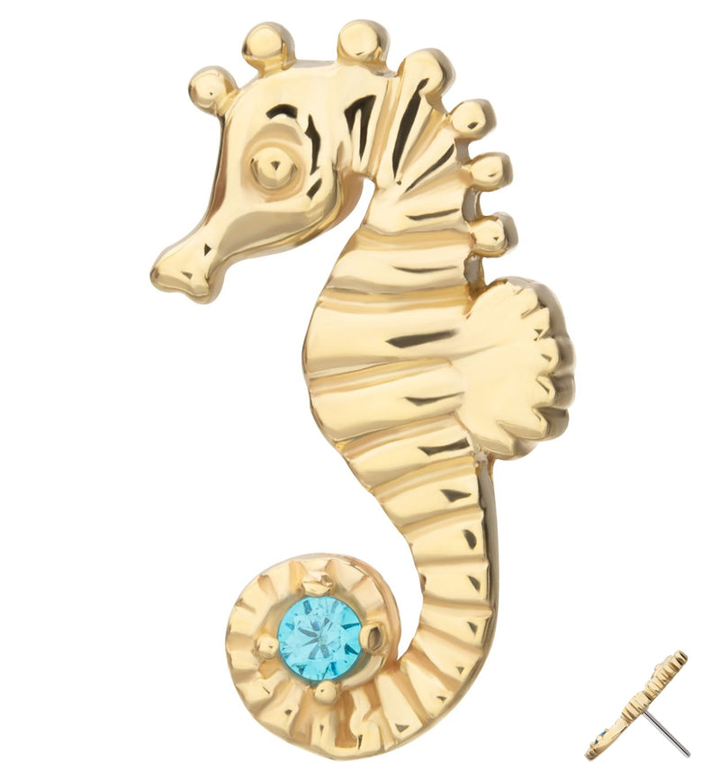 14kt Gold Seahorse Aqua CZ Threadless Top