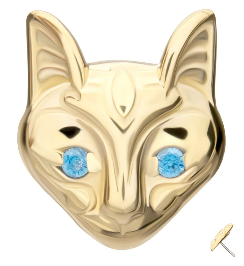 14kt Gold Sphynx Cat Head Aqua CZ Threadless Top