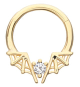 14kt Gold Spiderweb Bat Wings Clear CZ Hinged Segment Ring