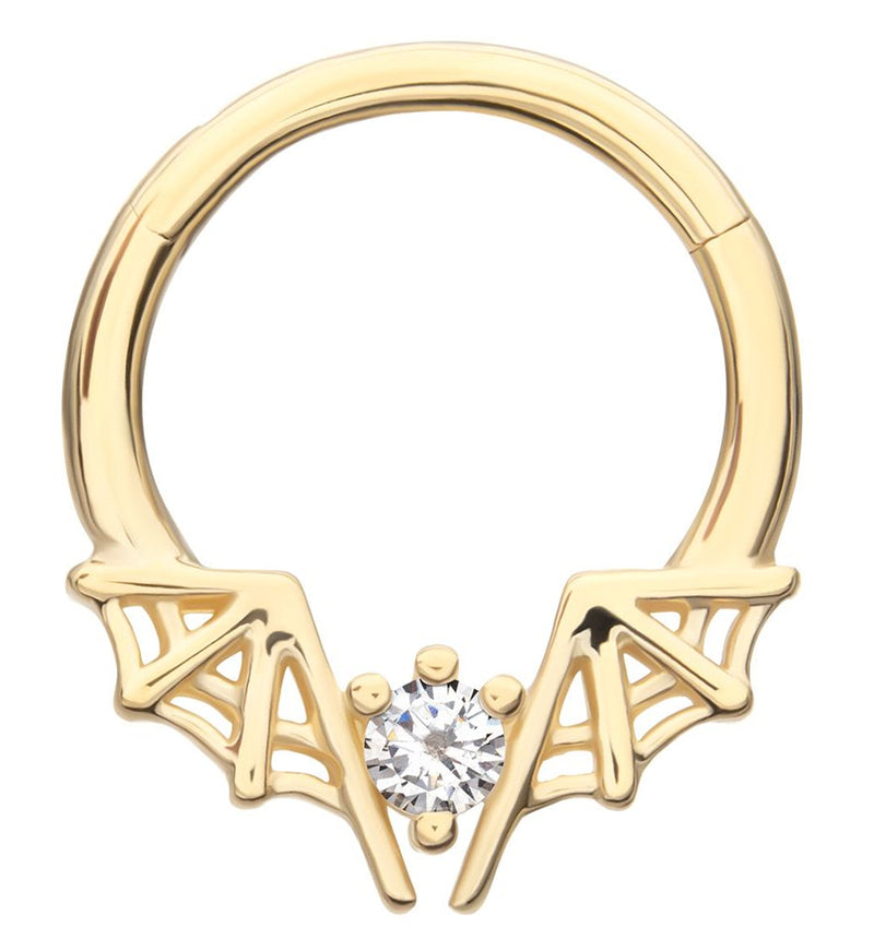 14kt Gold Spiderweb Bat Wings Clear CZ Hinged Segment Ring