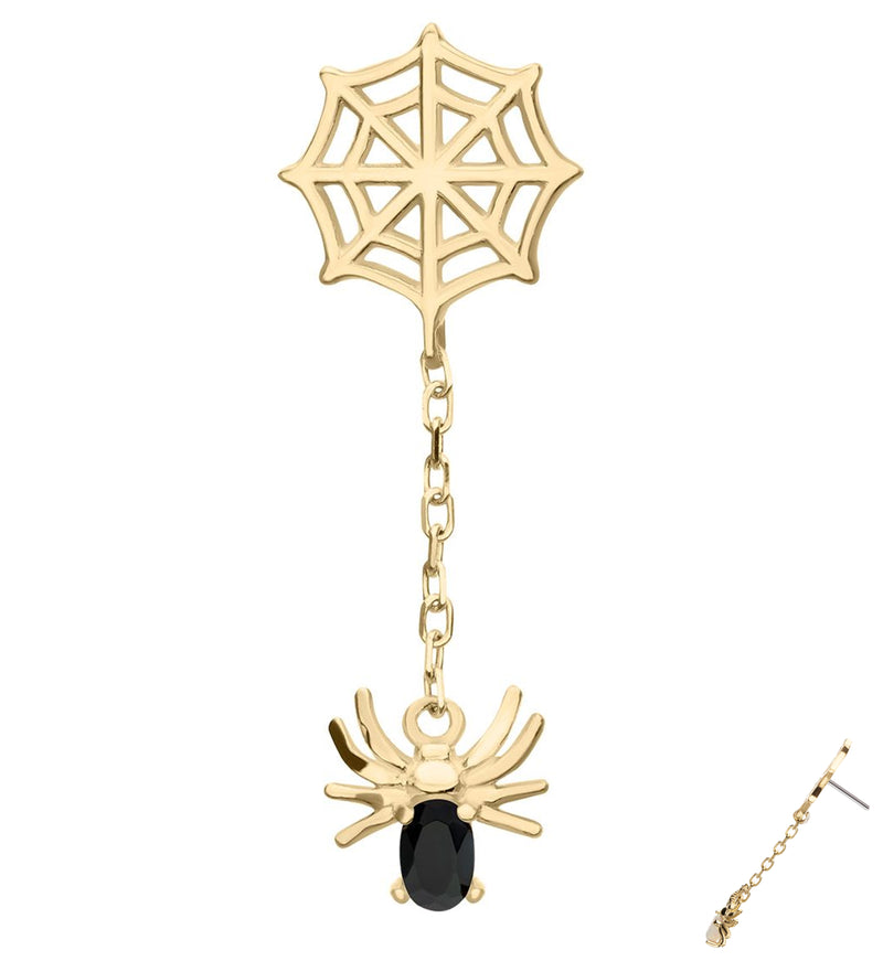 14kt Gold Spiderweb Dangle Spider Black CZ Threadless Top