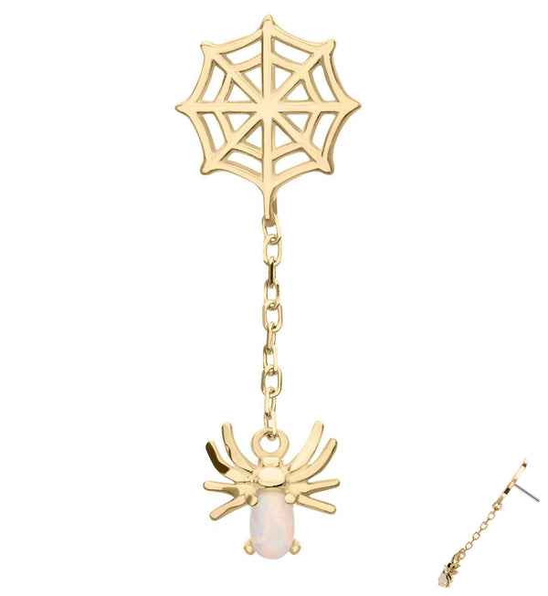 14kt Gold Spiderweb Dangle Spider White Opalite Threadless Top