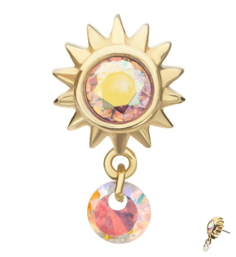 14kt Gold Spike Sun Rainbow Aurora CZ Dangle Threadless Top