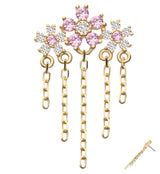 14kt Gold Triple Floral Blossom Clear and Pink CZ Dangle Chains Threadless Top