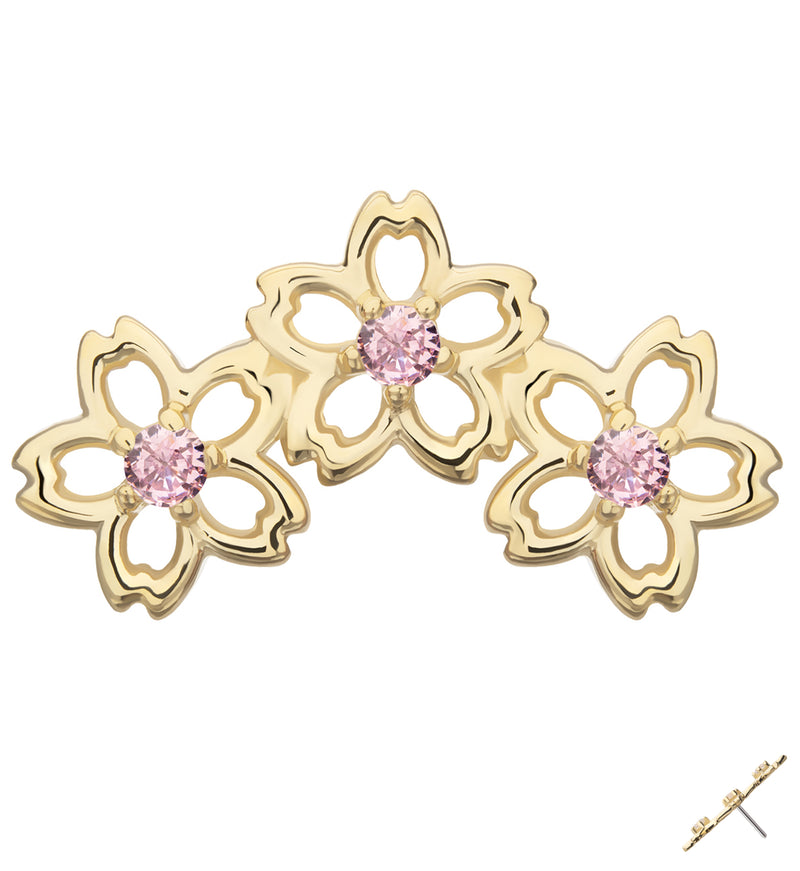 14kt Gold Triple Floral Blossom Pink CZ Threadless Top