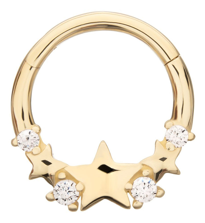 14kt Gold Triple Star Clear CZ Hinged Segment Ring