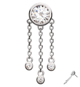 14kt White Gold Bezel Clear CZ Triple Dangle Chains Threadless Top