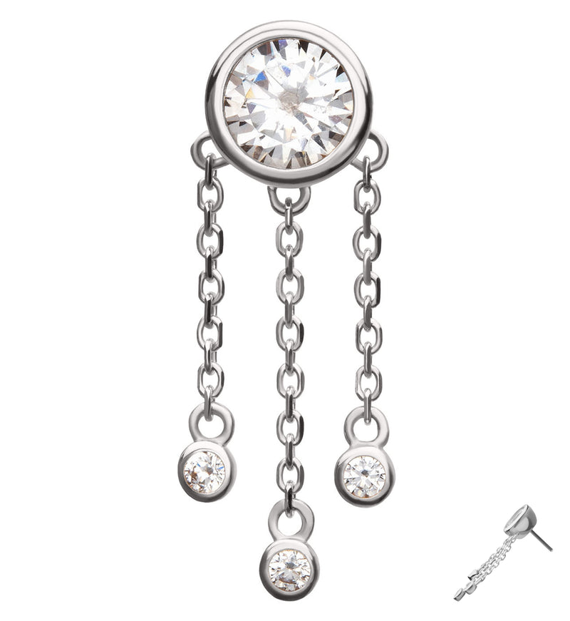 14kt White Gold Bezel Clear CZ Triple Dangle Chains Threadless Top