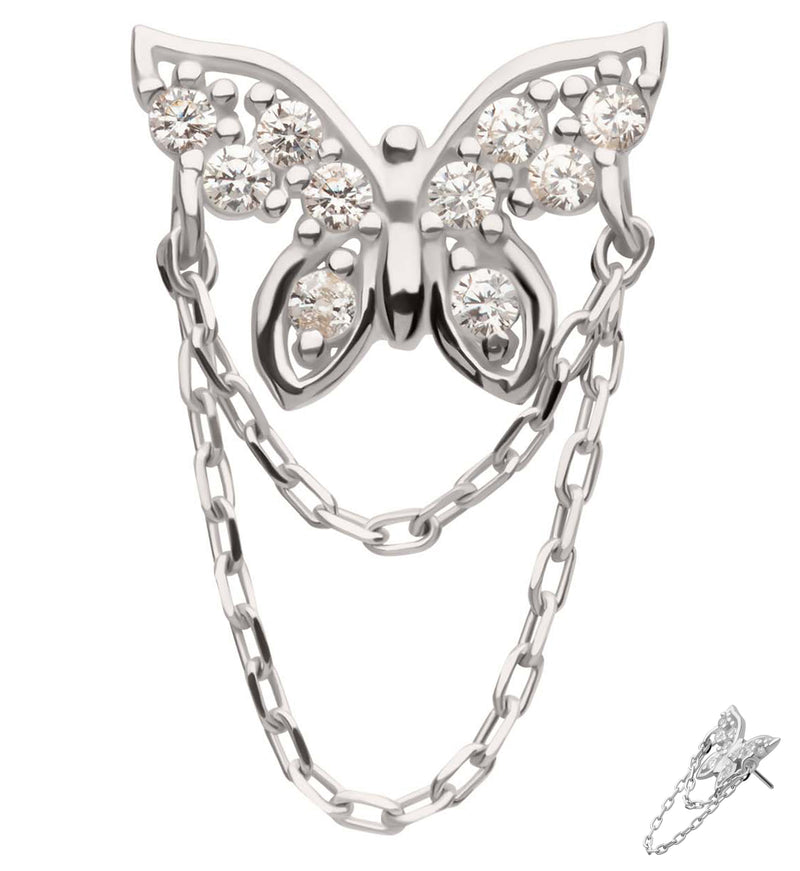 14kt White Gold Butterfly Pave Clear CZ Dangle Chain Threadless Top