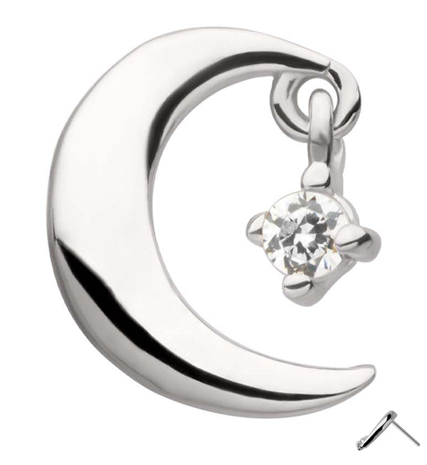 14kt White Gold Crescent Moon Clear CZ Dangle Threadless Top