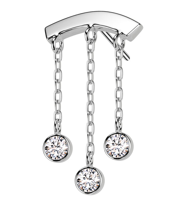 14kt White Gold Curved Bar Triple Dangle Clear CZ Threadless Top