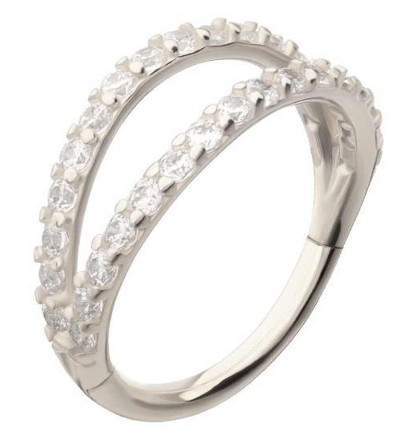 14kt White Gold Double Clear CZ Row Hinged Segment Ring