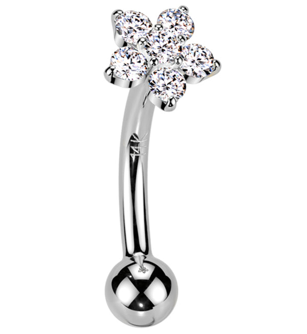 14kt White Gold Flower Clear CZ Threadless Curved Barbell