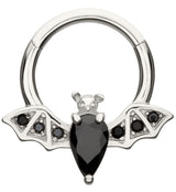 14kt White Gold Flying Bat Black CZ Hinged Segment Ring