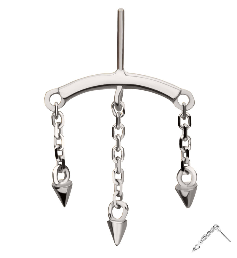 14kt White Gold Hidden Curved Bar Triple Spike Dangle Threadless Top