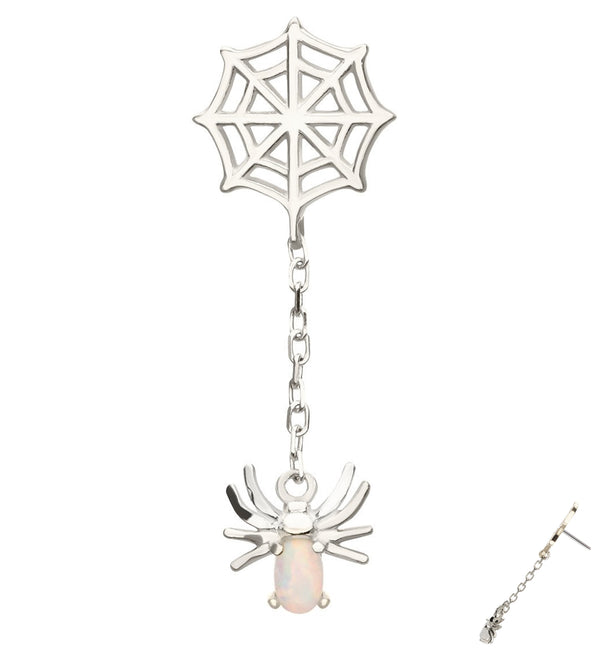 14kt White Gold Spiderweb Dangle Spider White Opalite Threadless Top