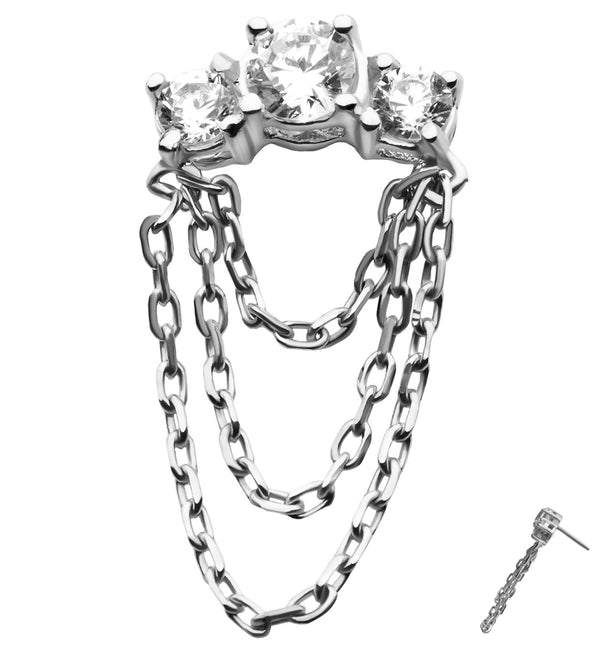 14kt White Gold Triple Clear CZ Arch Dangle Chain Threadless Top