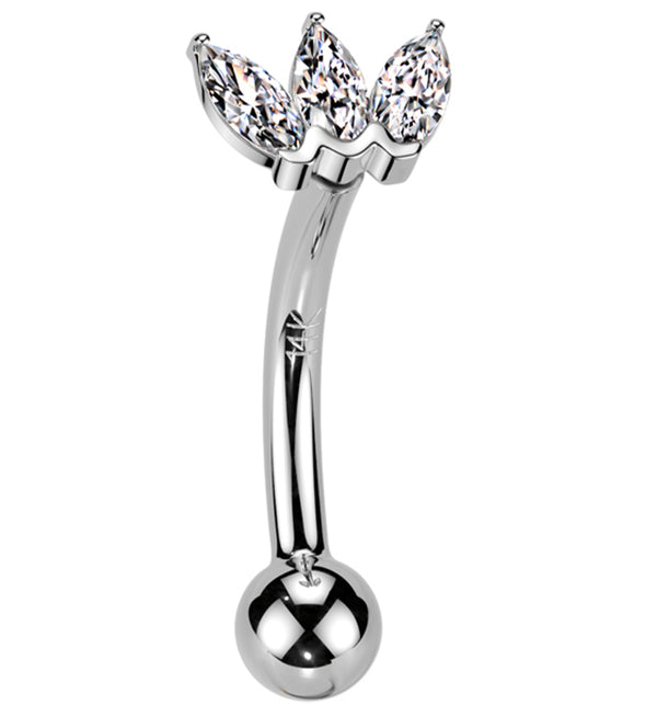 14kt White Gold Triple Marquise Clear CZ Threadless Curved Barbell
