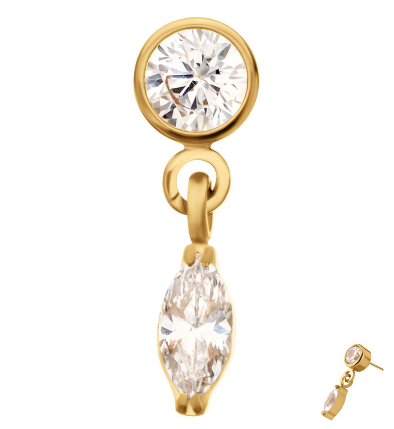 24kt Gold PVD Bezel Clear CZ Marquise Dangle Titanium Threadless Top